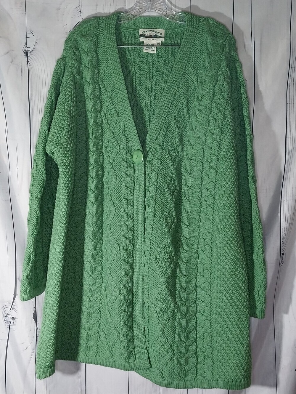 Aran Crafts Green Cable Knit 100% Merino Wool Cozy GrandmaCore Cardigan Sweater